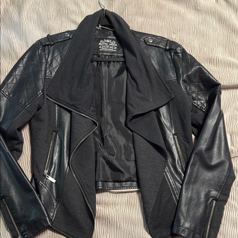 Blanc Noir Black Leather Jacket with Asymmetrical Design
